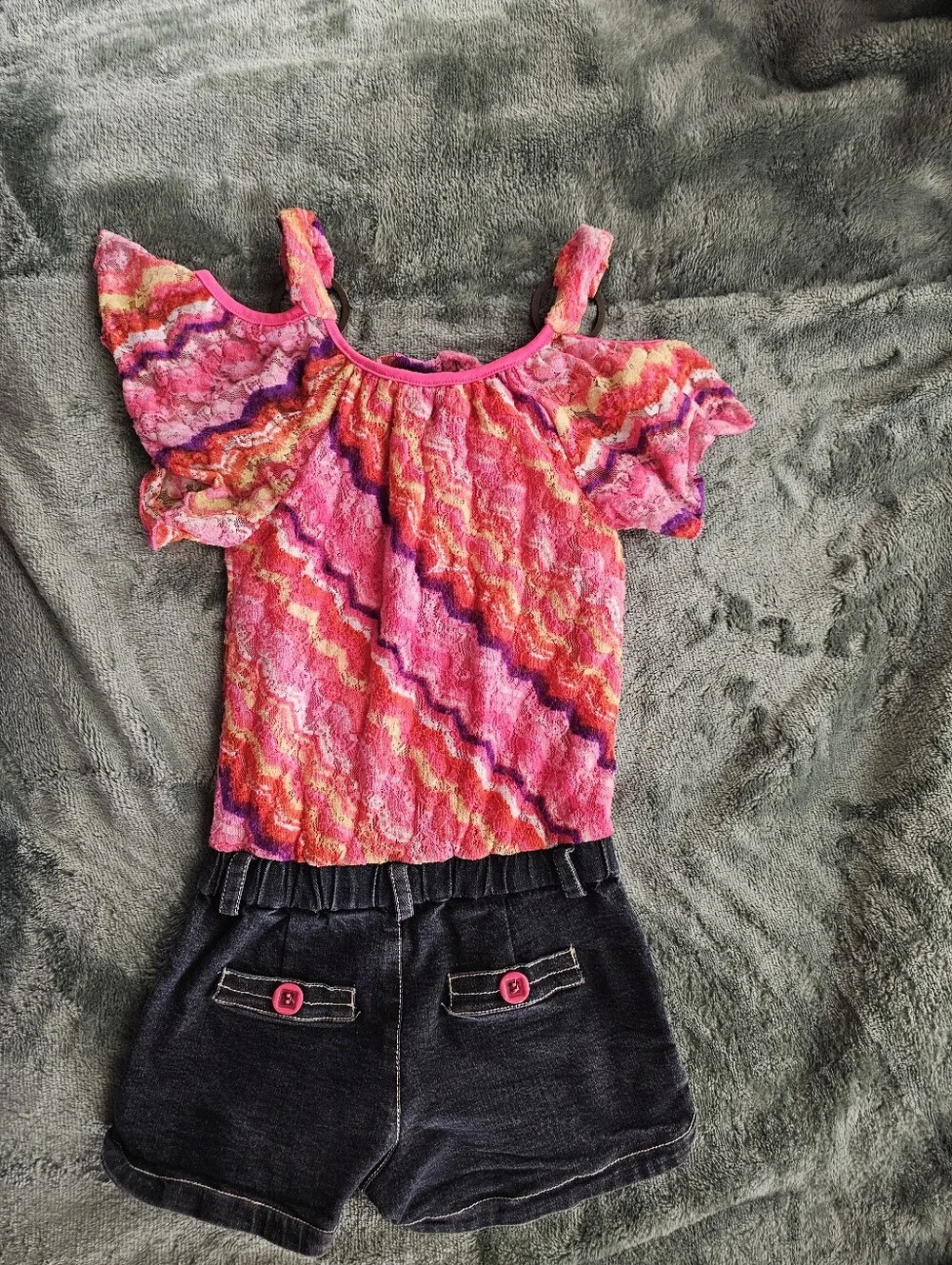 My Michelle Bright Pink Multicolor Ruffle Lace Denim Romper Suit Girls Size 7